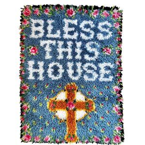 Handmade Latch Hook Rug "Bless This House" Floral Cross 21x27.75 Completed
